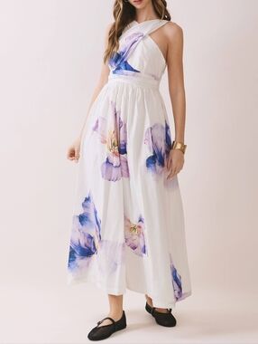 TCEC White Floral Halter Maxi Dress with Purple Blue Blooms